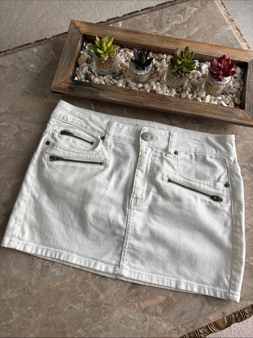 American Eagle Outfitters White Denim Mini Skirt with Zipper Accents